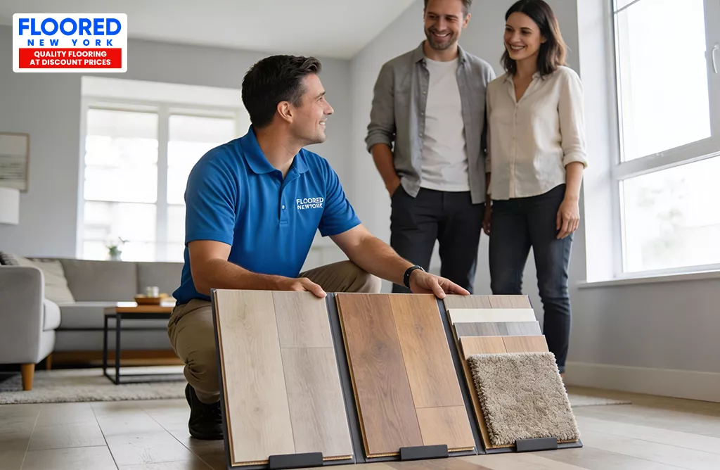 Floored New York expert showcases flooring samples with a shop-at-home service