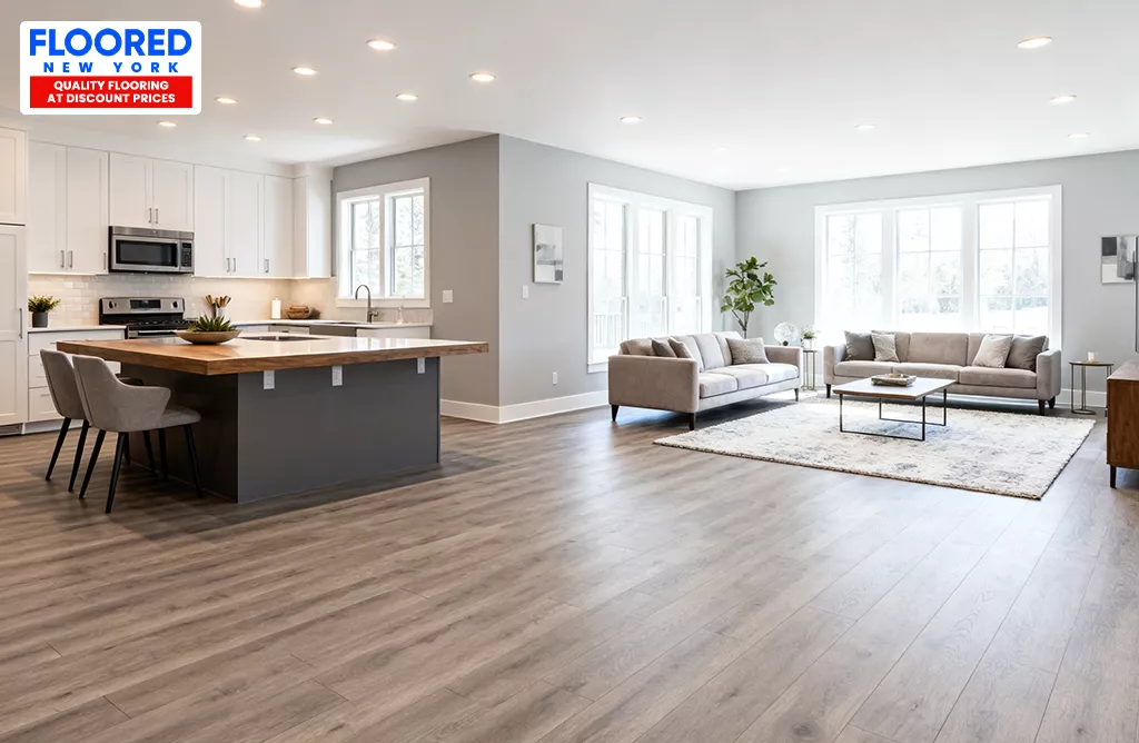 Modern living room and kitchen with professional vinyl plank flooring