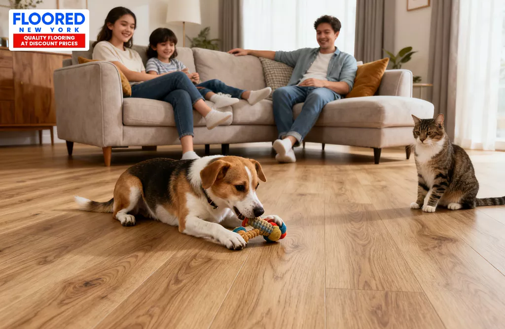Pet-friendly laminate flooring in a modern family living room