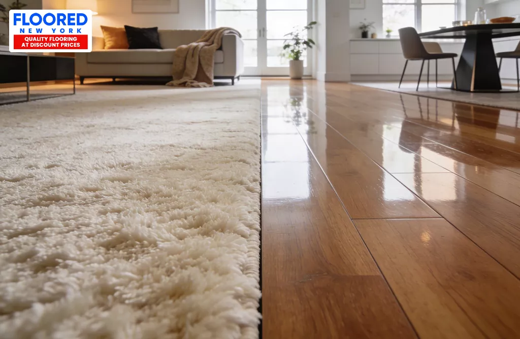 Premium carpet and hardwood flooring combination by Floored New York