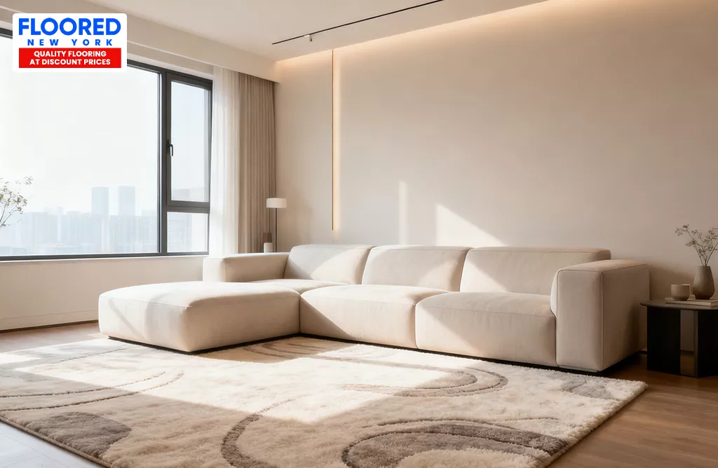 Elegant Living Room with Soft Carpet Flooring and Modern Comfort